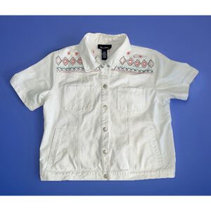 Denim & Co White Denim Women’s Large Short Sleeve Top Colorful Embroidery